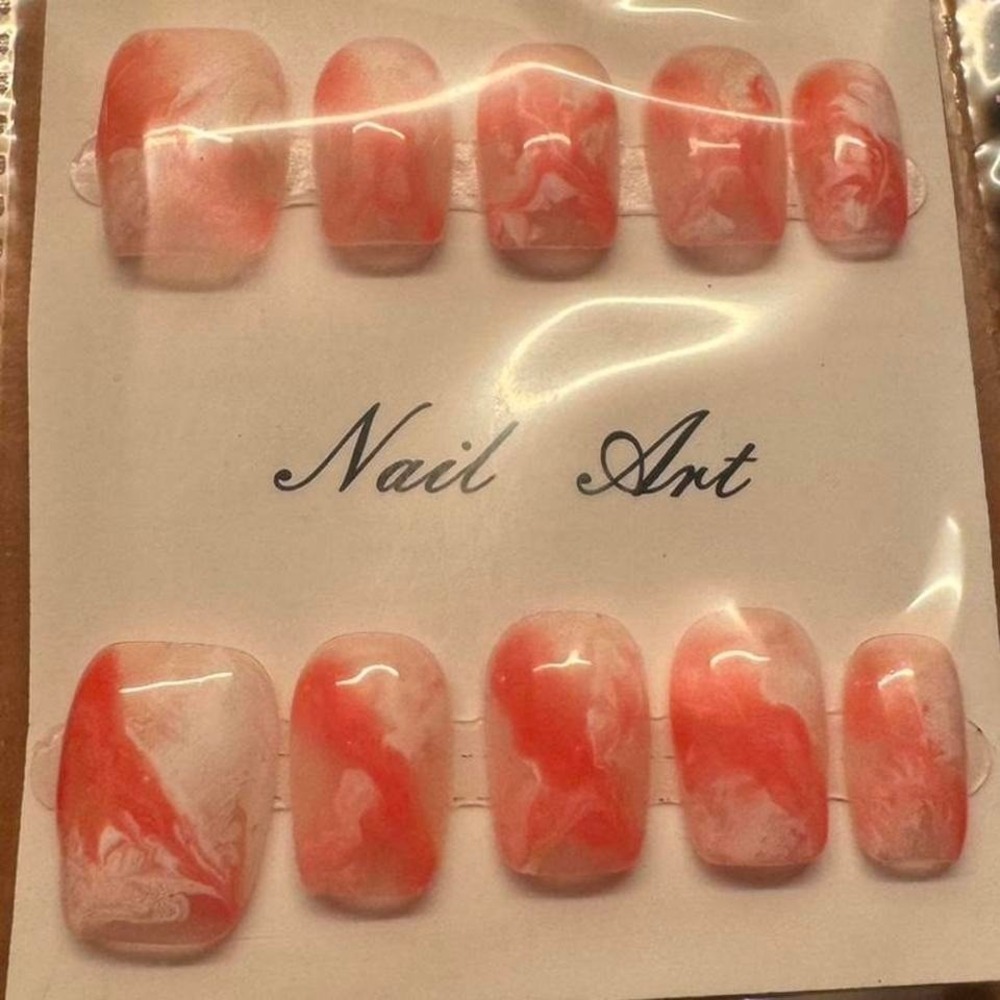 Coral Marble‎ Press On Nails Medium Square Nail Art False Nails